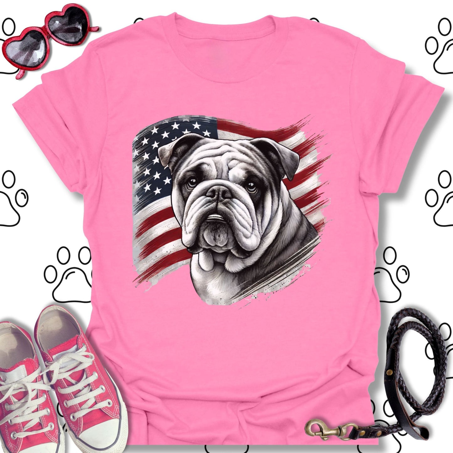 Bulldog Patriotic American Flag T-Shirt