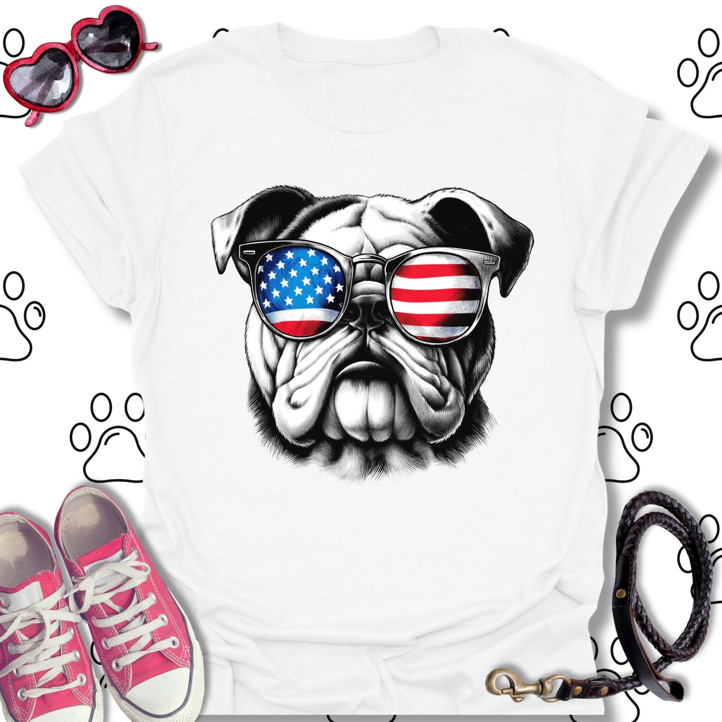 Bulldog American Flag Sunglasses T-Shirt