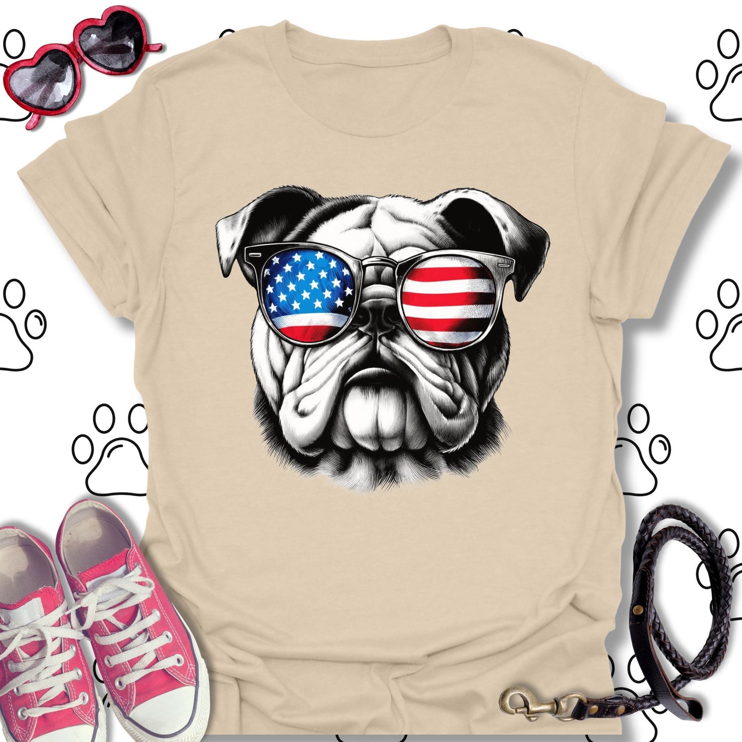 Bulldog American Flag Sunglasses T-Shirt