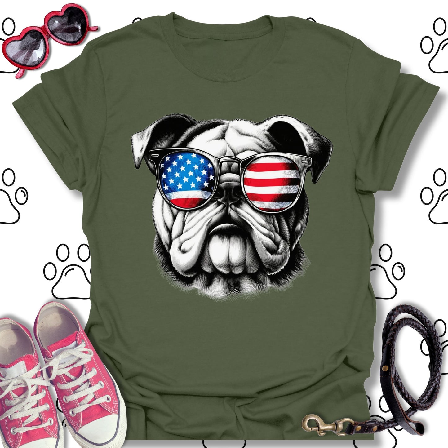 Bulldog American Flag Sunglasses T-Shirt