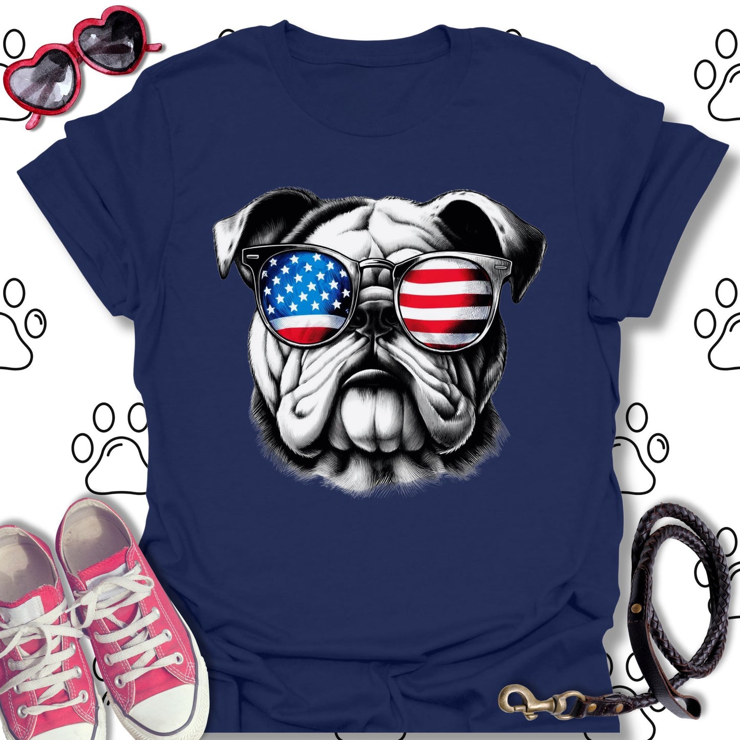 Bulldog American Flag Sunglasses T-Shirt