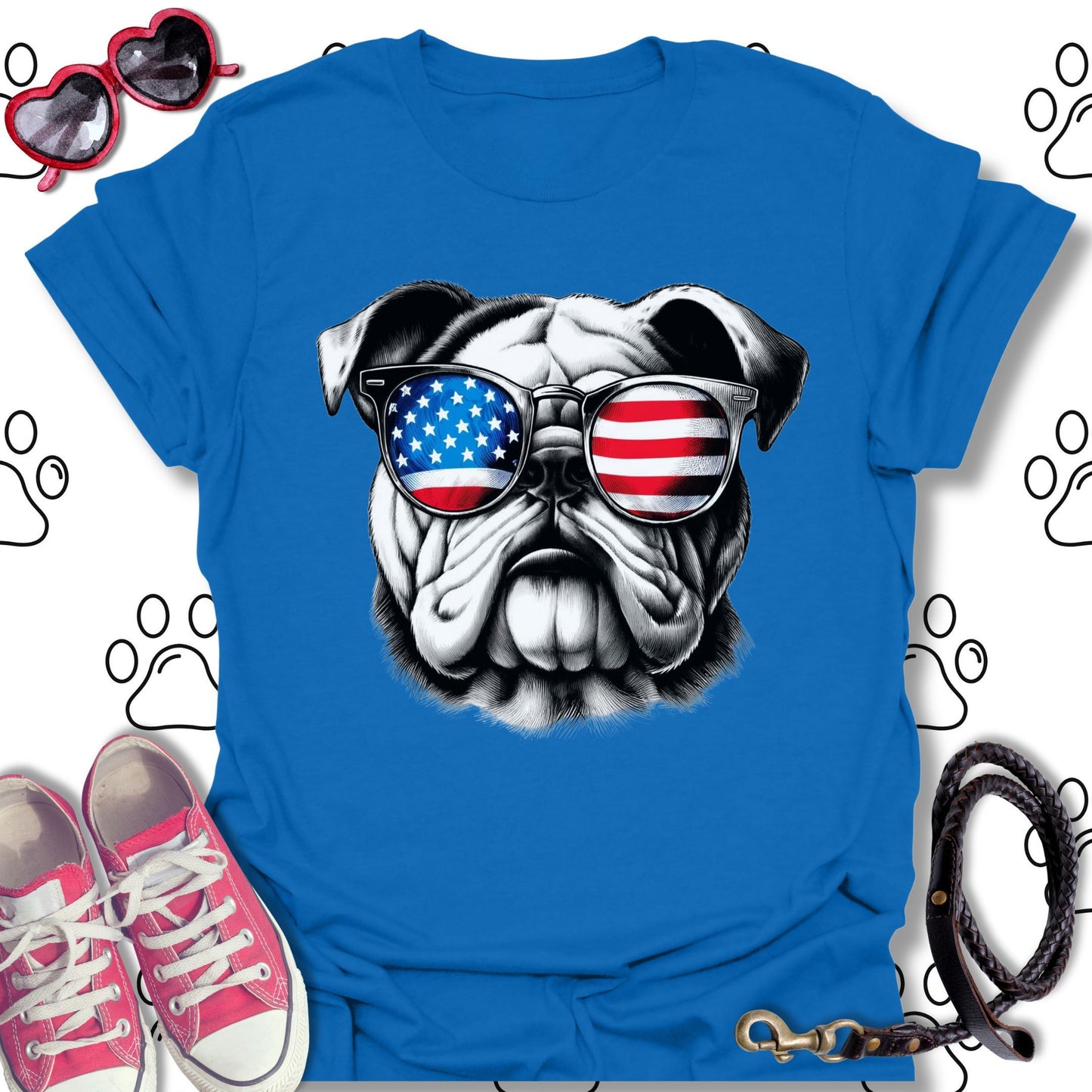 Bulldog American Flag Sunglasses T-Shirt