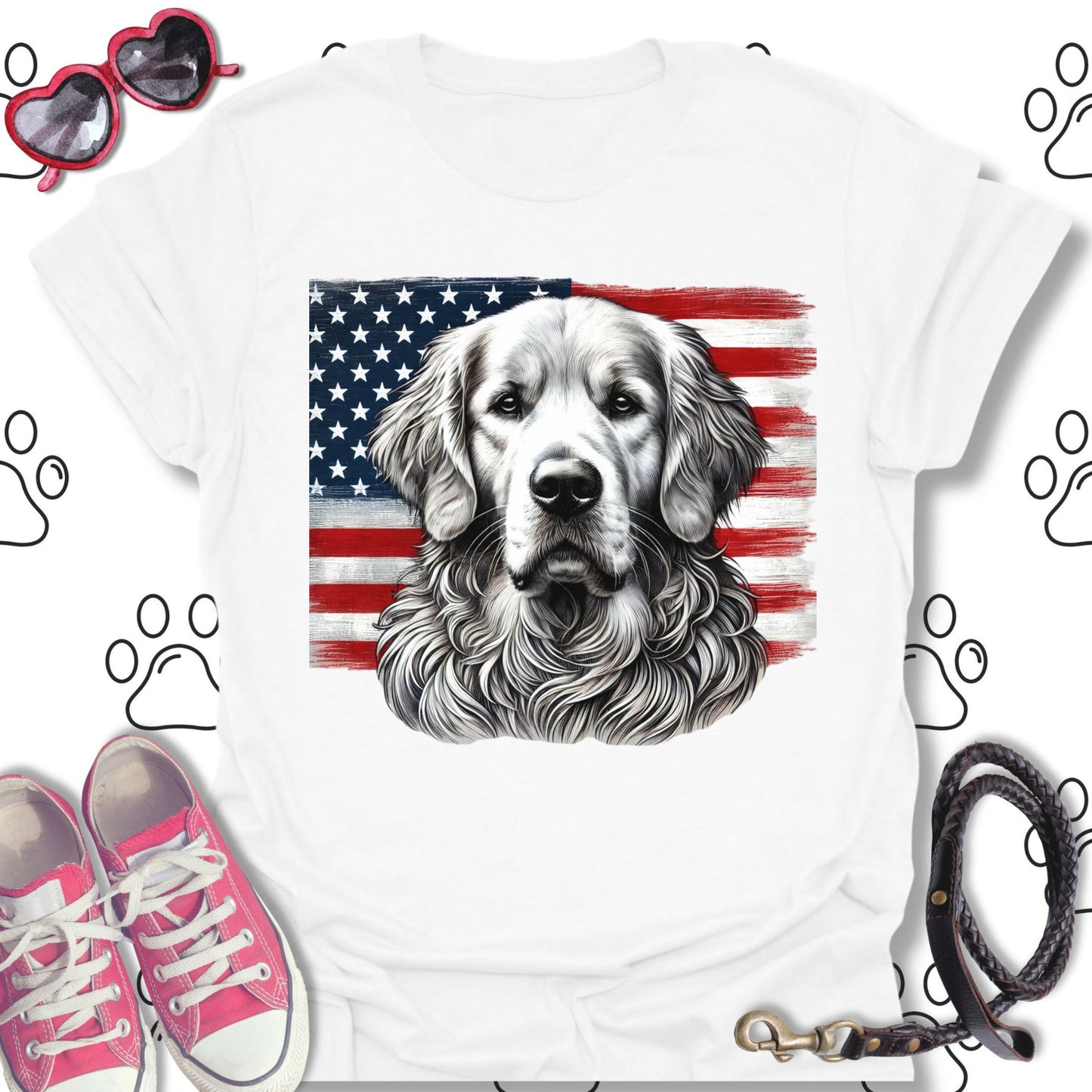 Golden Retriever Patriotic American Flag T-Shirt