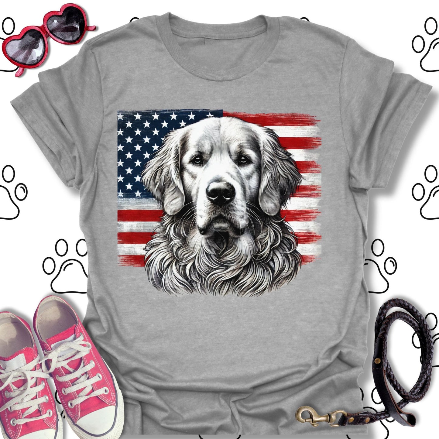 Golden Retriever Patriotic American Flag T-Shirt