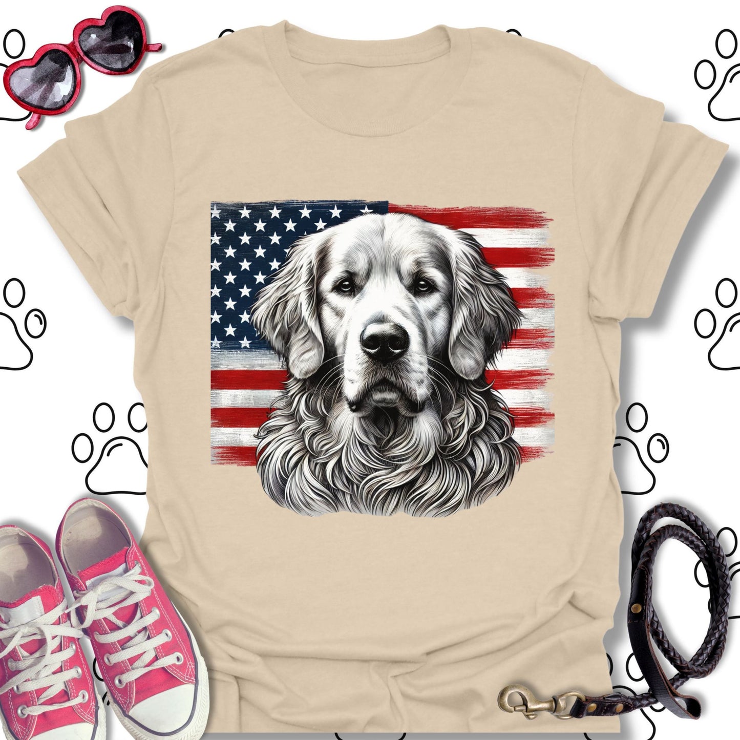 Golden Retriever Patriotic American Flag T-Shirt