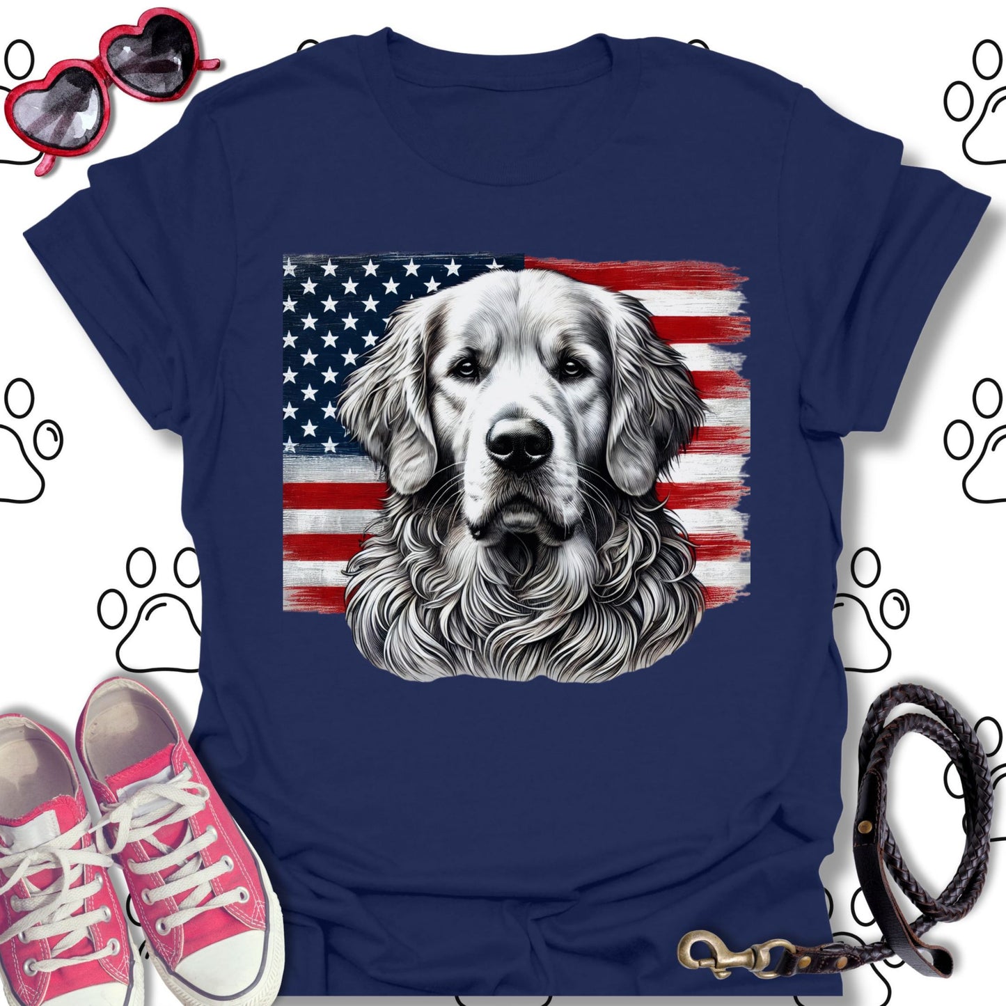 Golden Retriever Patriotic American Flag T-Shirt