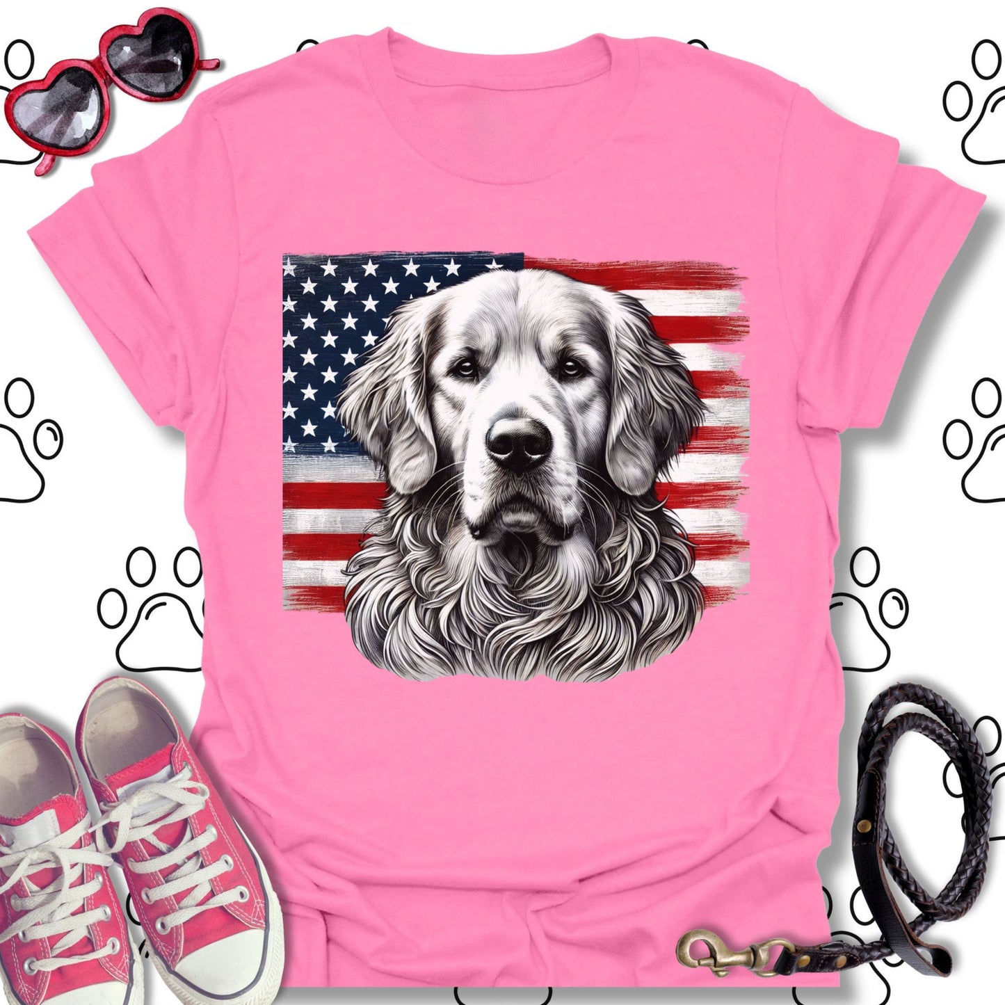 Golden Retriever Patriotic American Flag T-Shirt