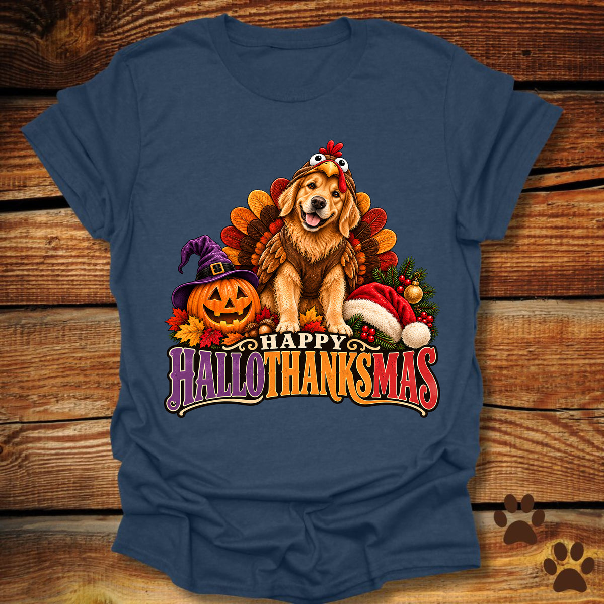 Happy Hallothanksmas Golden Retriever Turkey T-Shirt