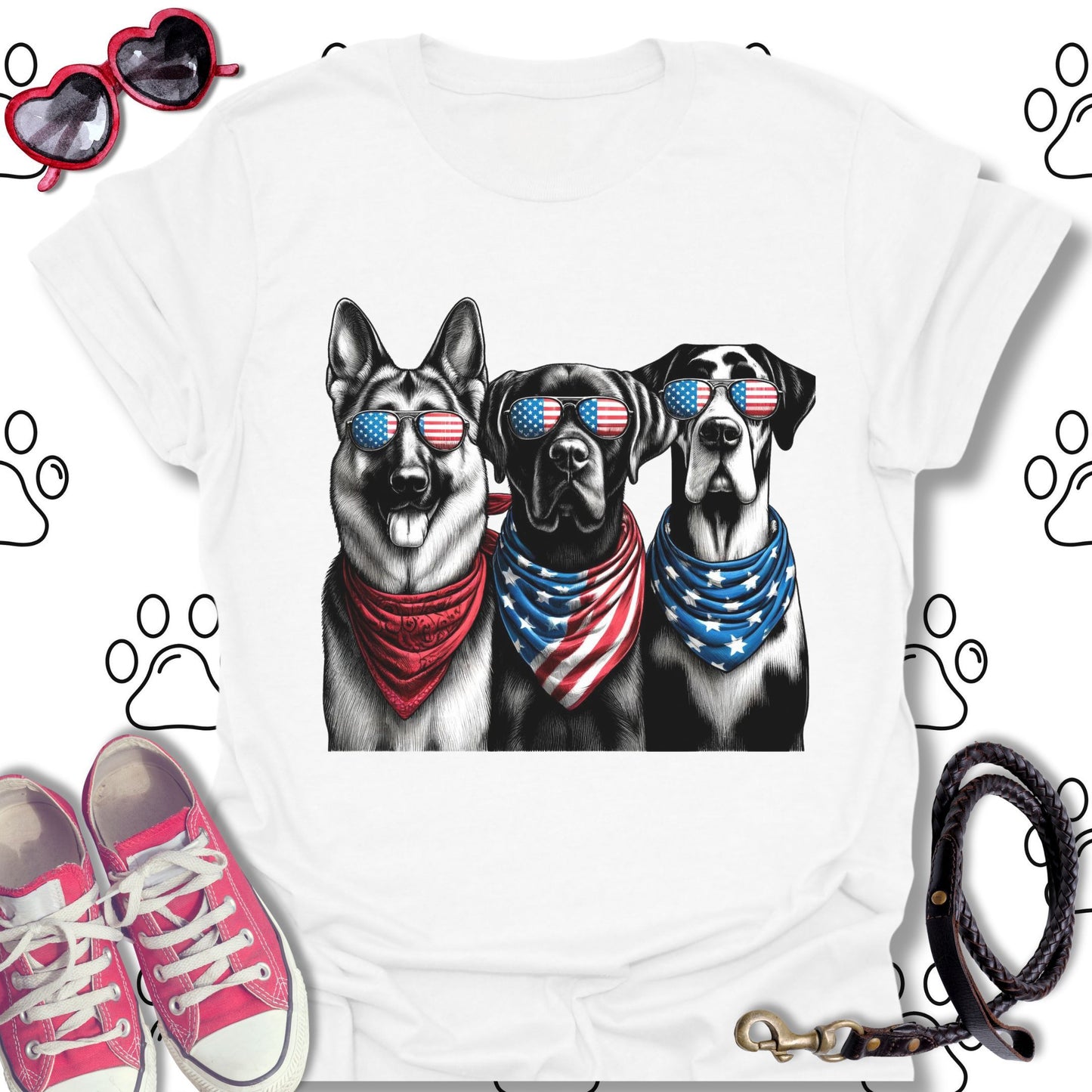 Patriotic Dogs American Flag Sunglasses T-Shirt