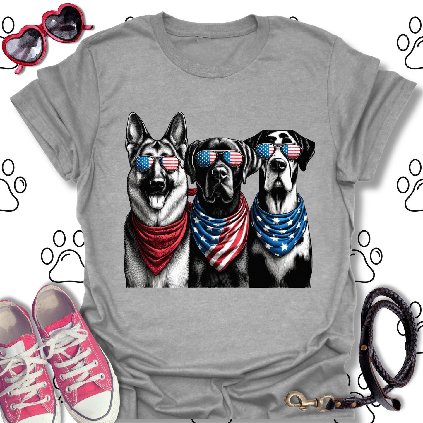 Patriotic Dogs American Flag Sunglasses T-Shirt