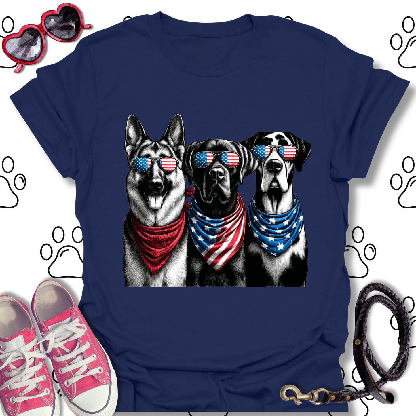 Patriotic Dogs American Flag Sunglasses T-Shirt