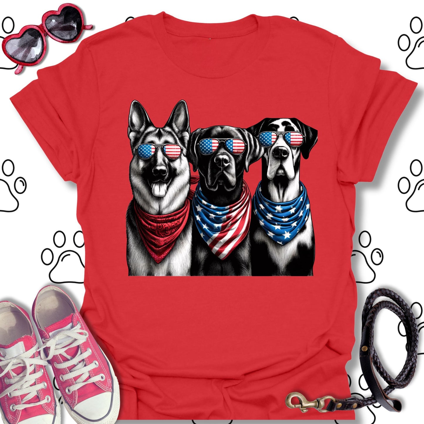 Patriotic Dogs American Flag Sunglasses T-Shirt