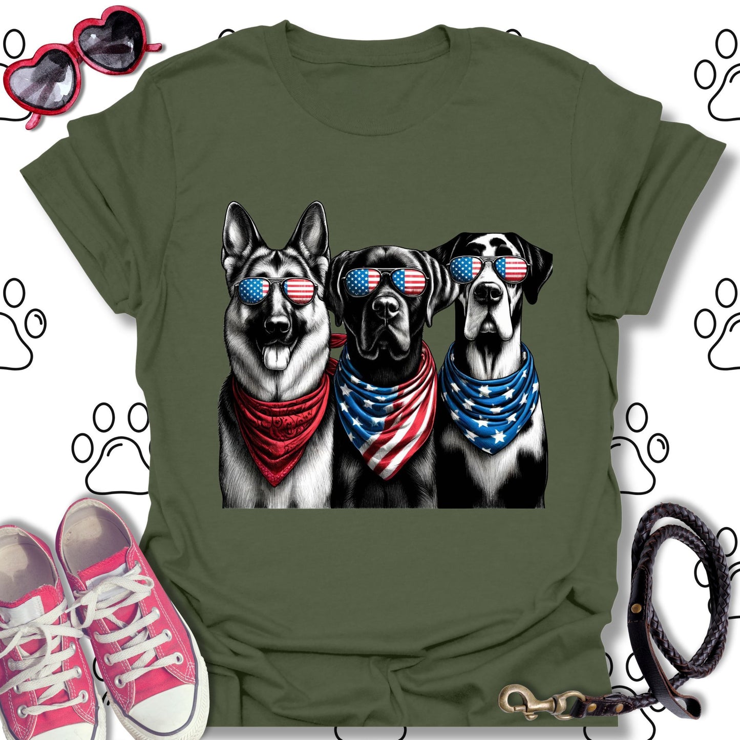 Patriotic Dogs American Flag Sunglasses T-Shirt