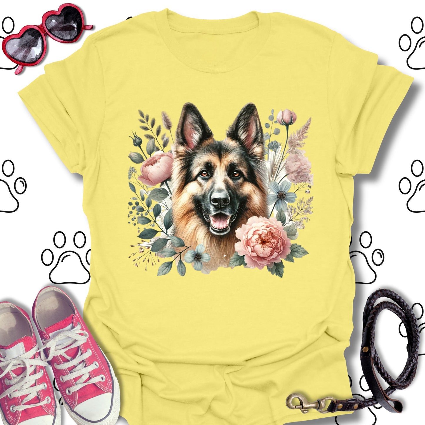 German Shepherd Floral Watercolor T-Shirt