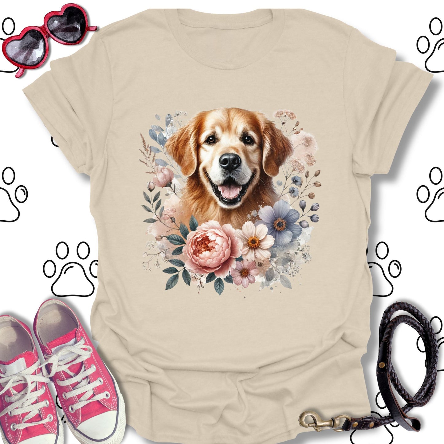 Golden Retriever Floral Watercolor T-Shirt