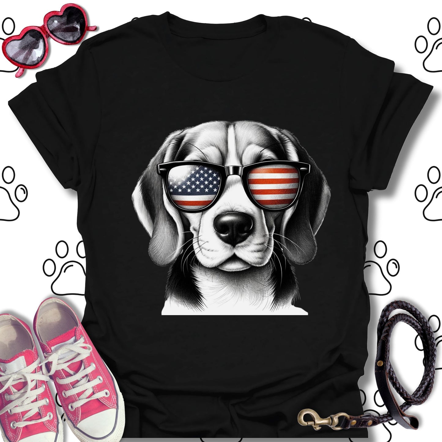 Beagle American Flag Sunglasses T-Shirt