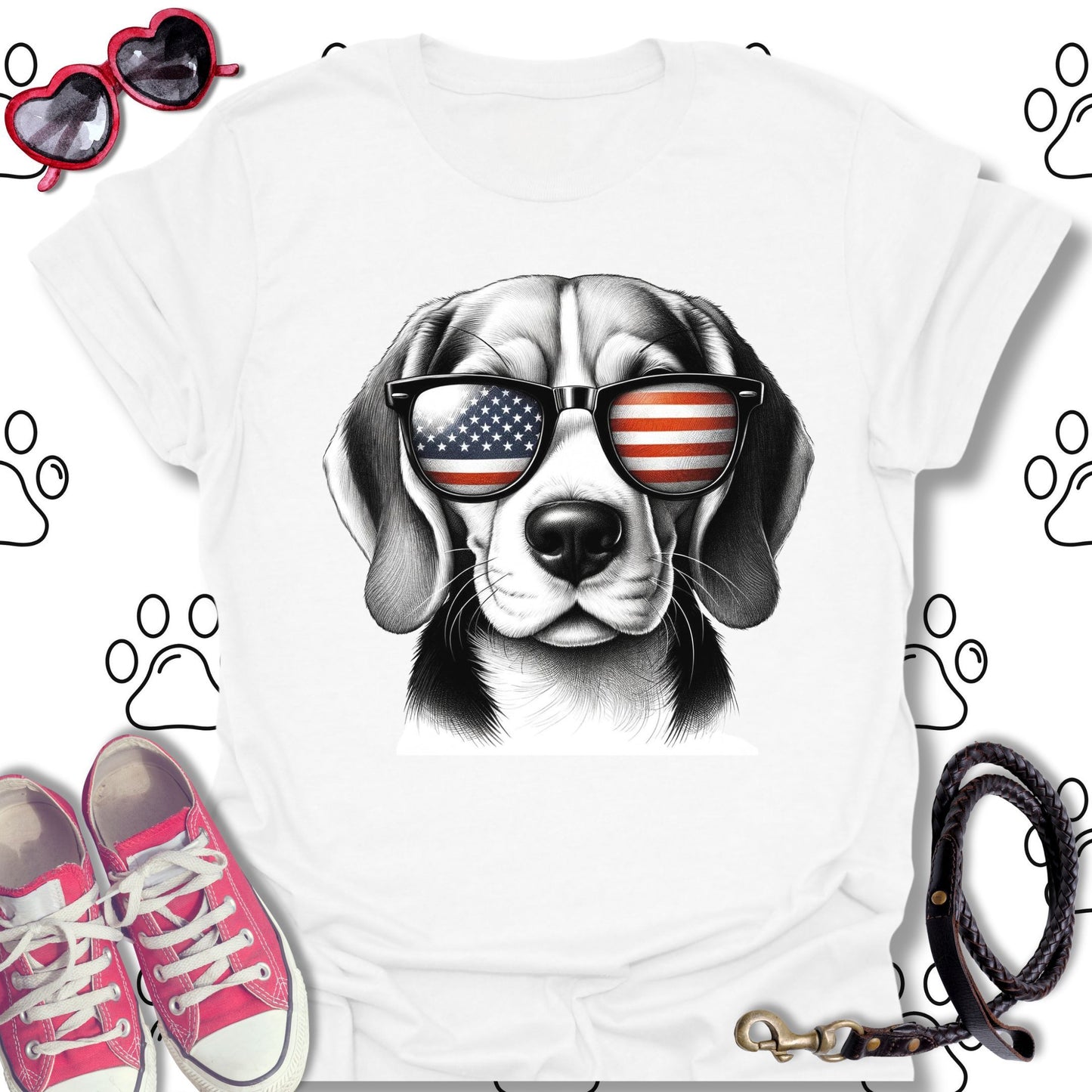 Beagle American Flag Sunglasses T-Shirt