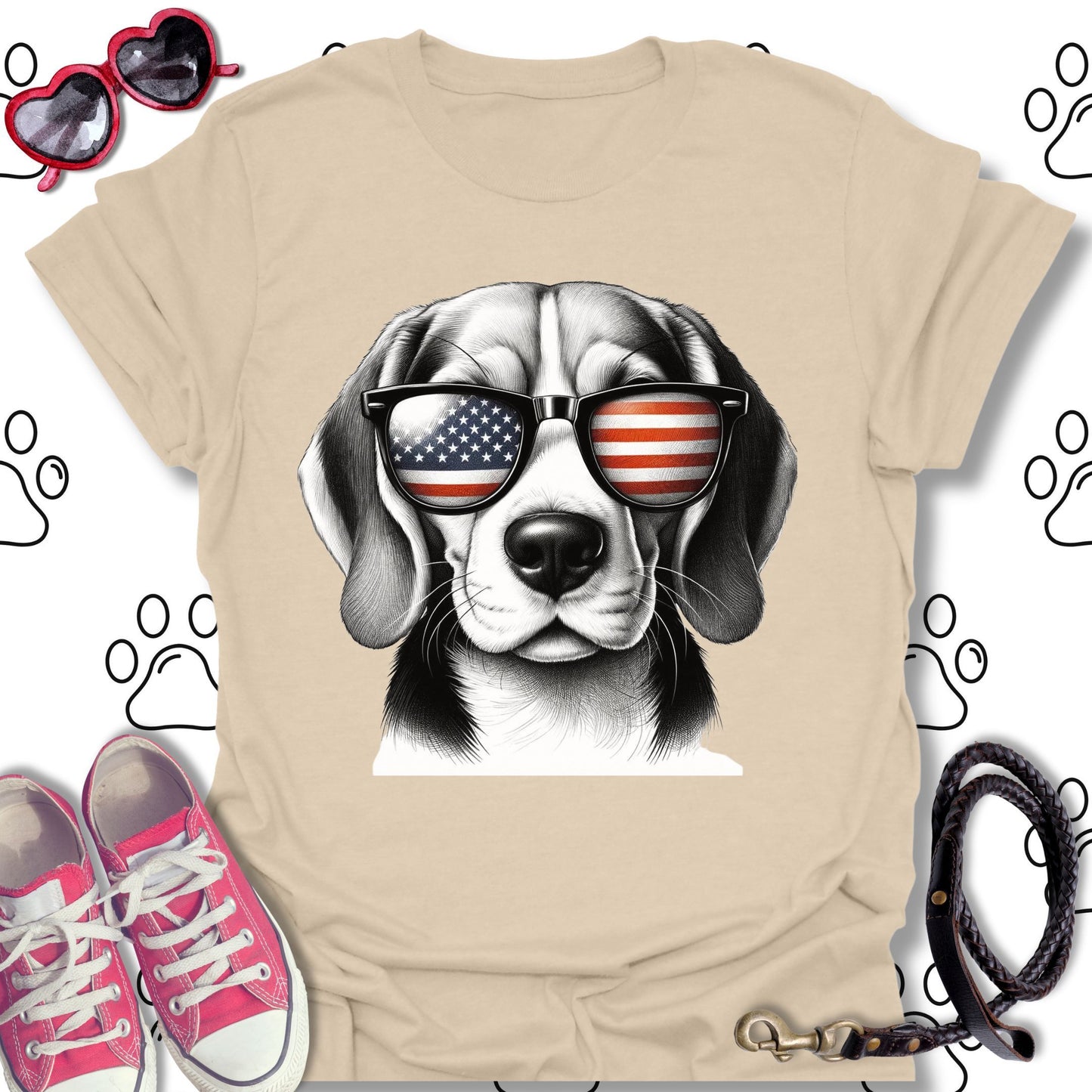 Beagle American Flag Sunglasses T-Shirt