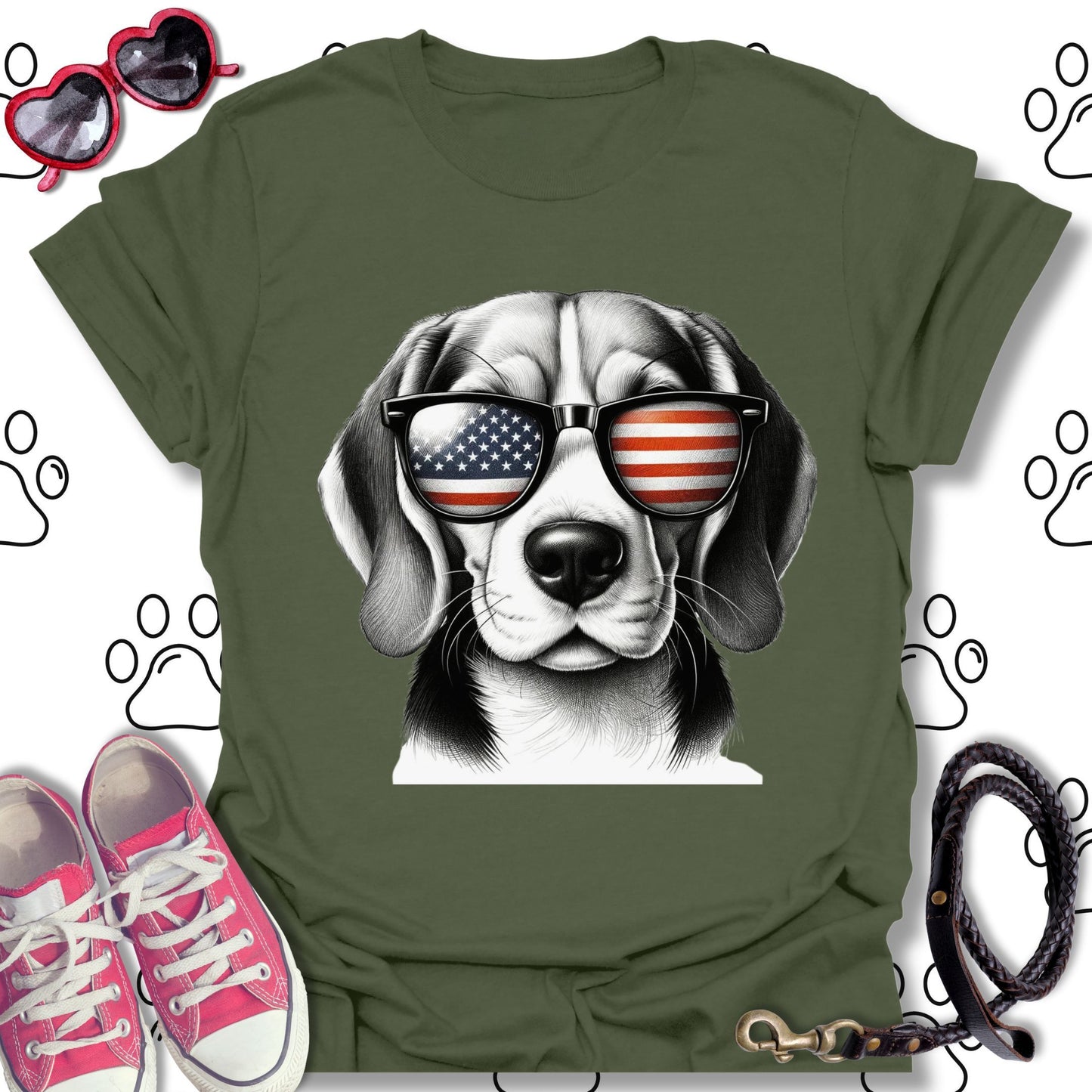 Beagle American Flag Sunglasses T-Shirt