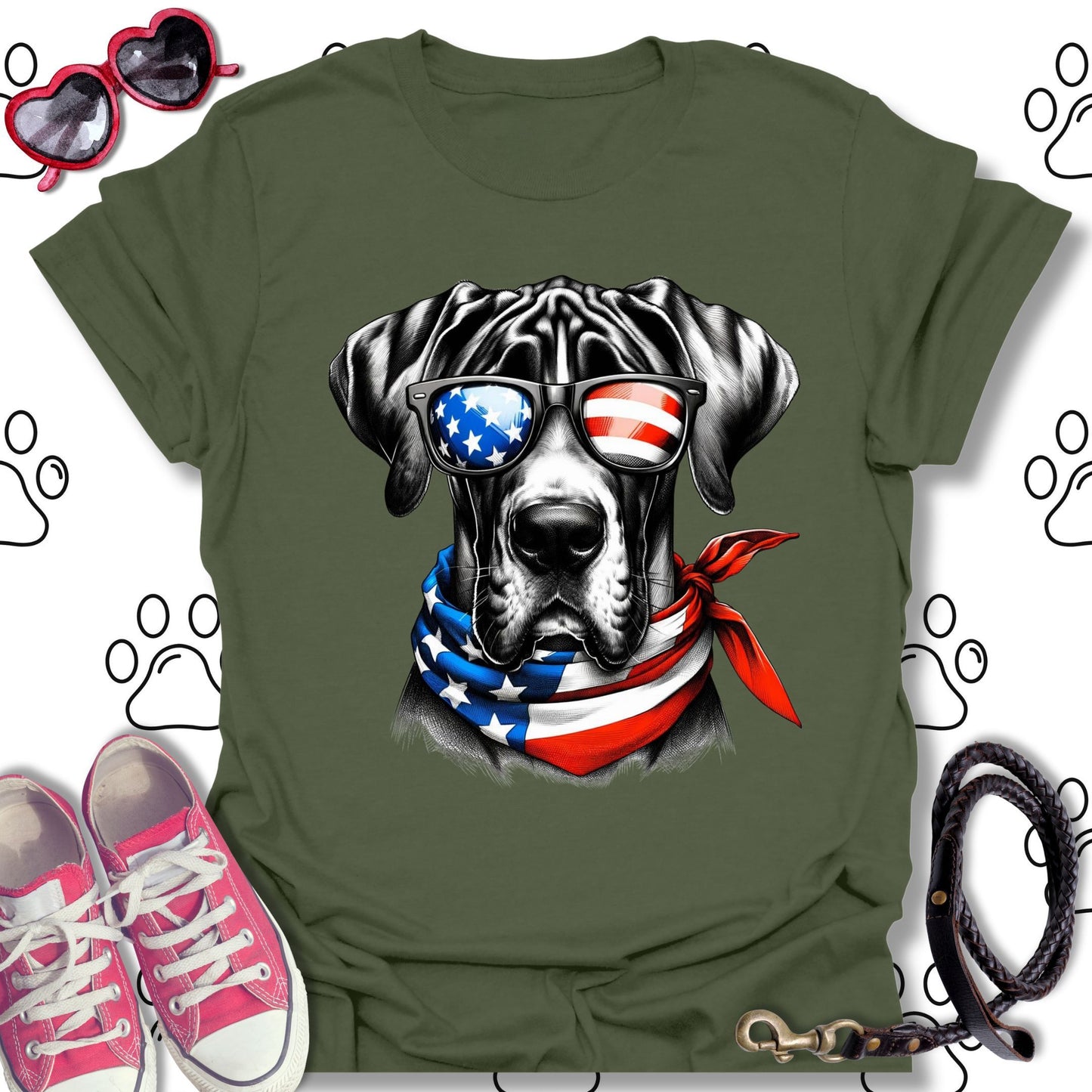 Great Dane American Flag Sunglasses T-Shirt