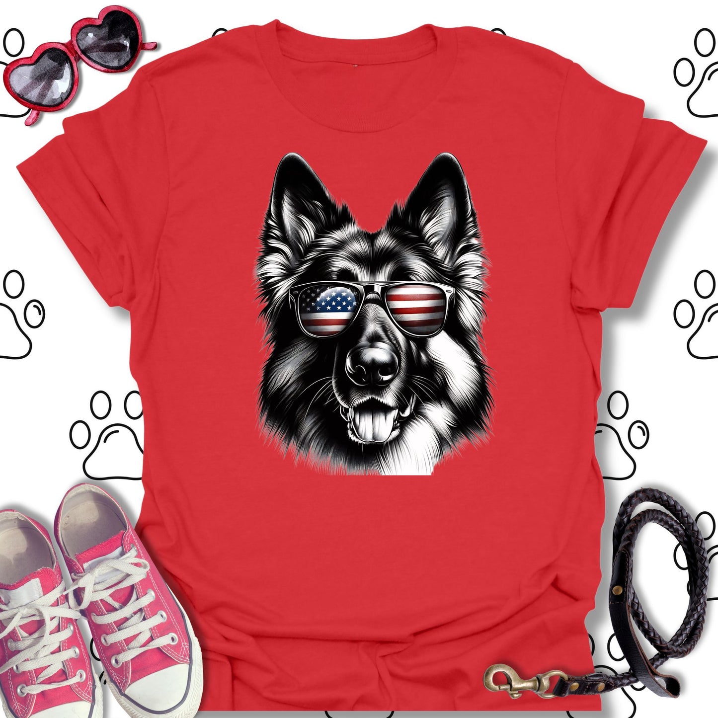 German Shepherd American Flag Sunglasses T-Shirt