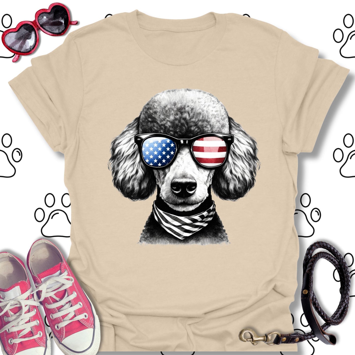 Poodle American Flag Sunglasses T-Shirt