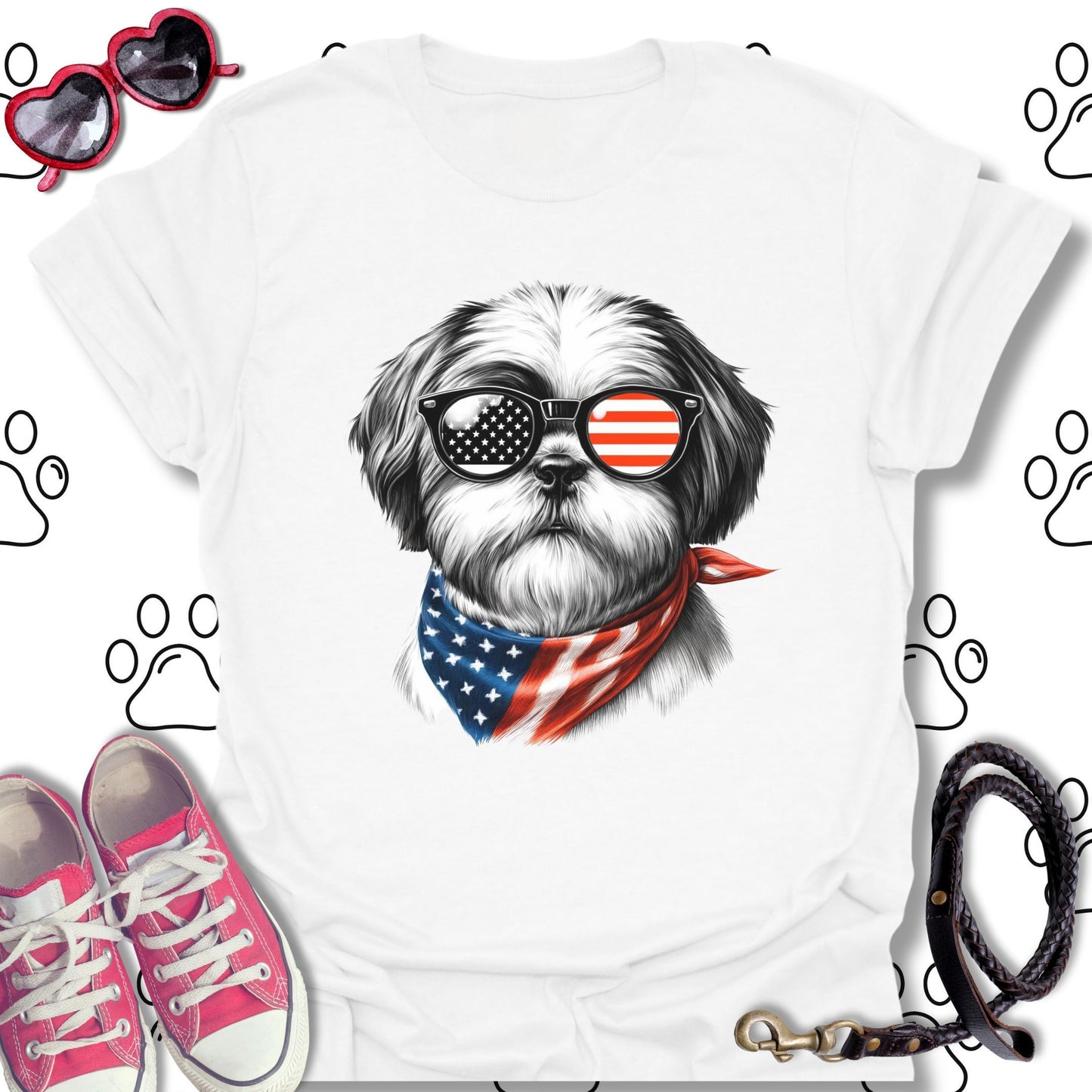 Shih Tzu American Flag Sunglasses T-Shirt