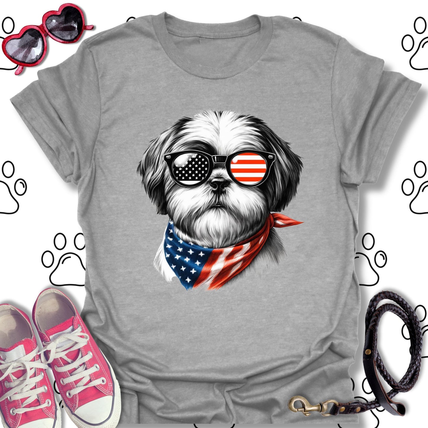Shih Tzu American Flag Sunglasses T-Shirt