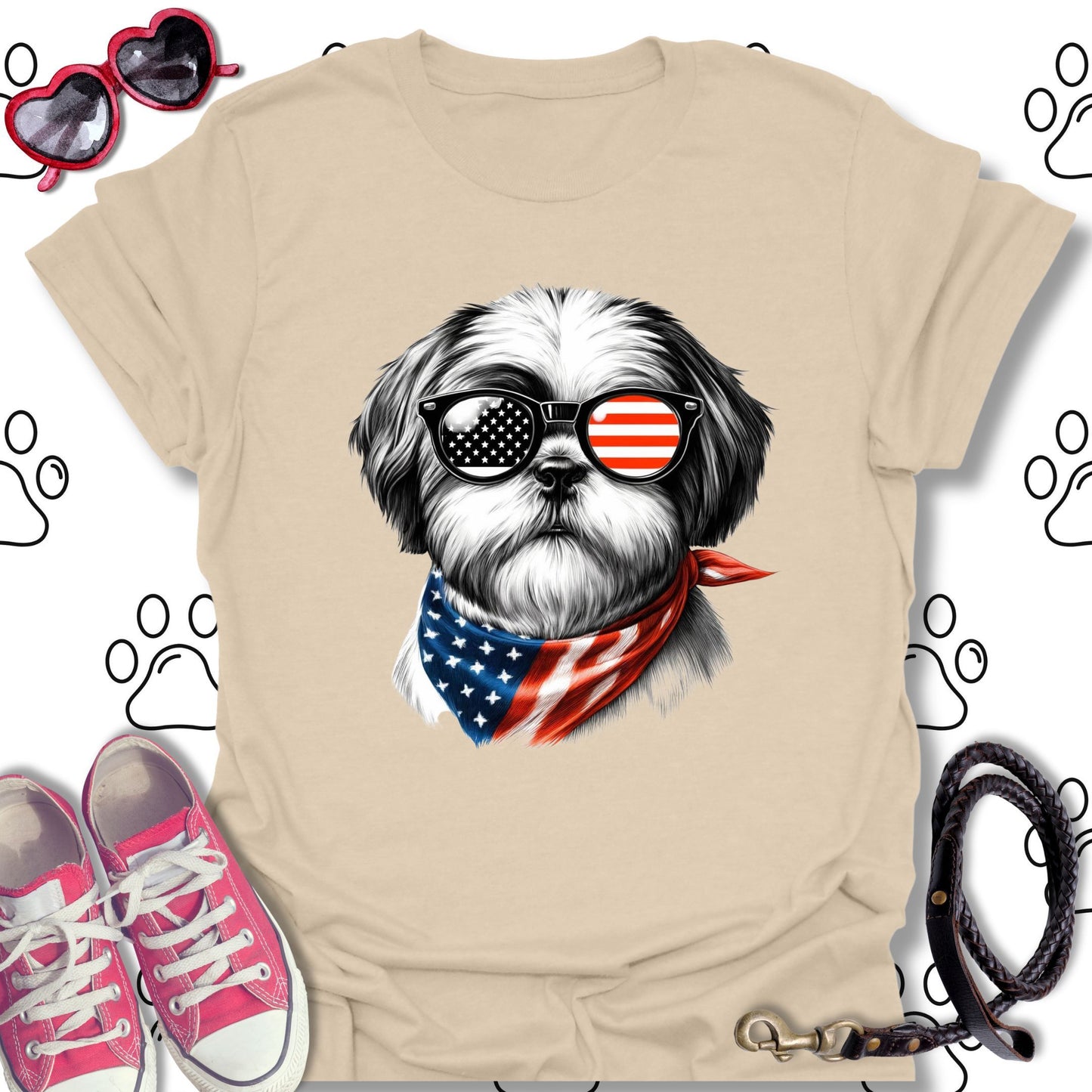 Shih Tzu American Flag Sunglasses T-Shirt