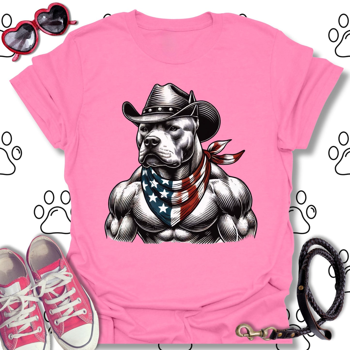 Pitbull Cowboy American Flag T-Shirt