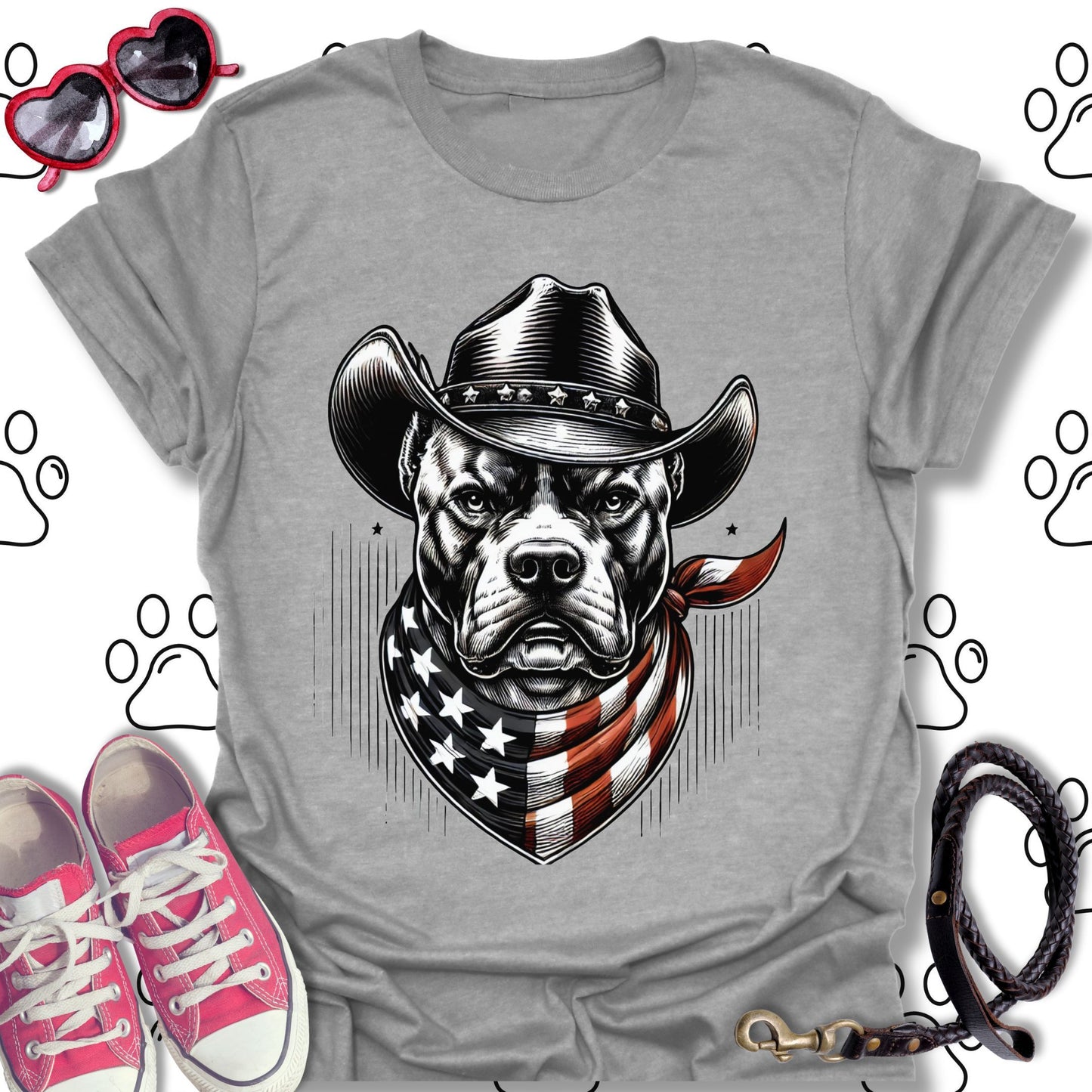 Pitbull Cowboy American Flag T-Shirt