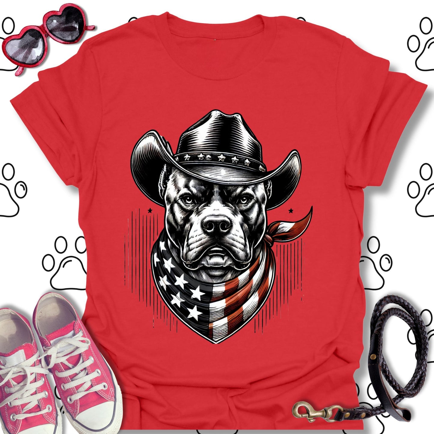 Pitbull Cowboy American Flag T-Shirt