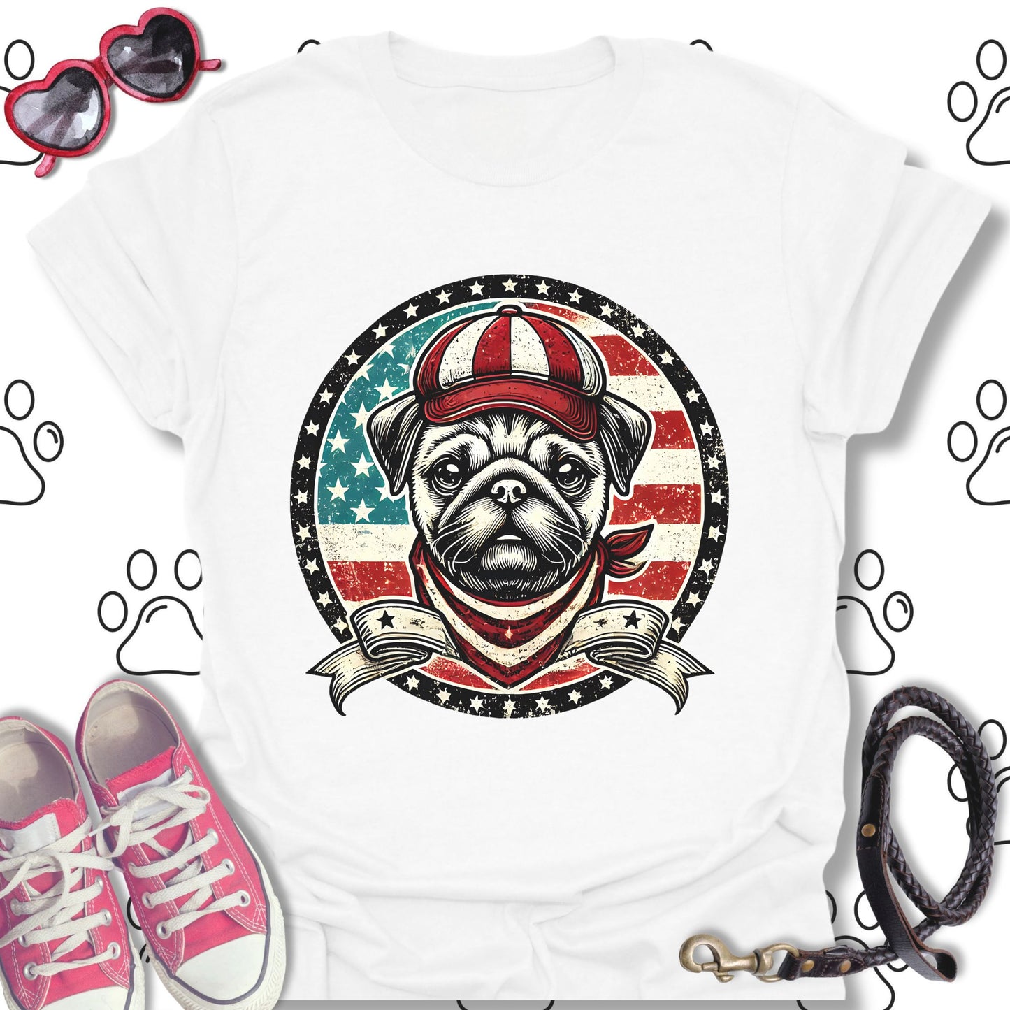 Patriotic Vintage Pug USA Flag