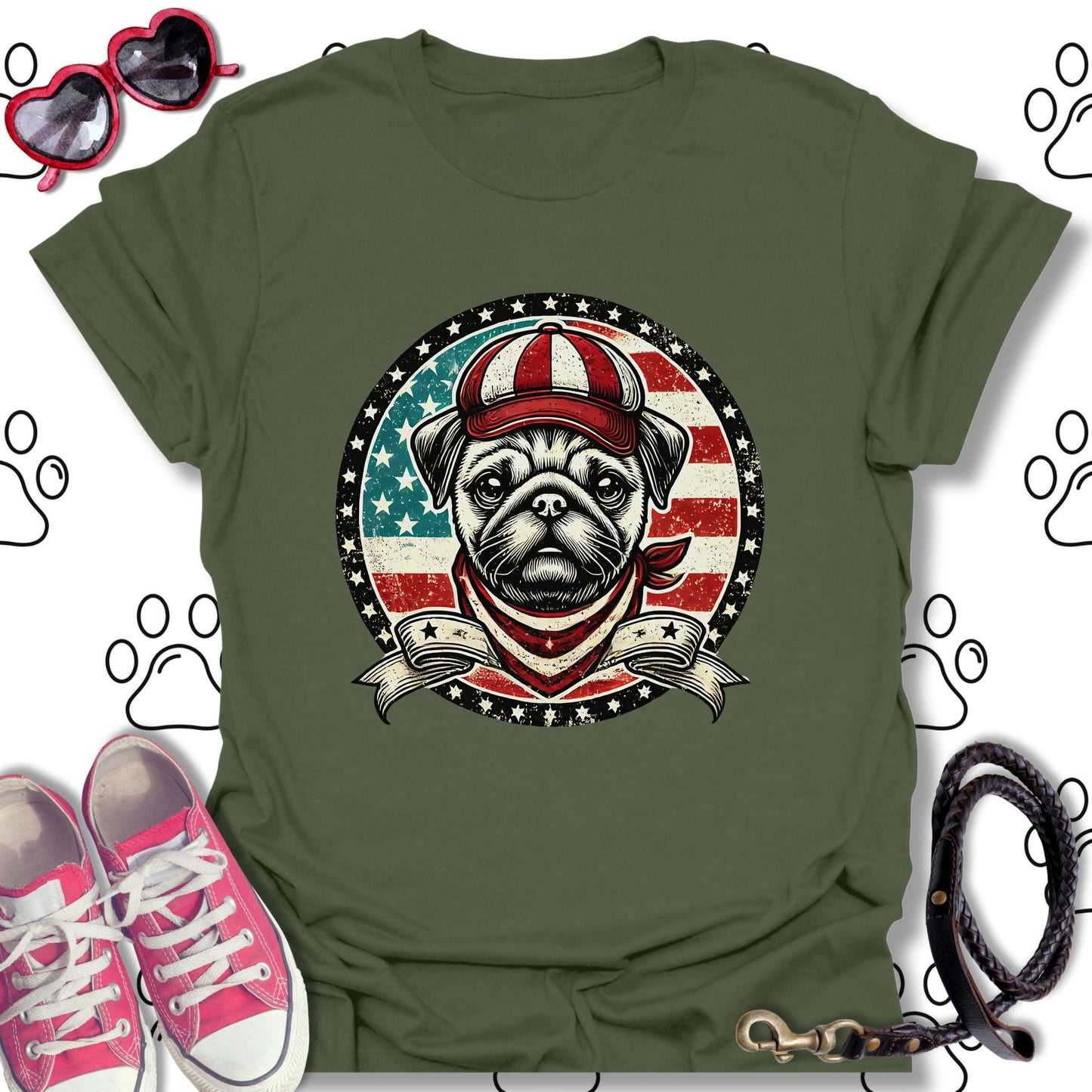 Patriotic Vintage Pug USA Flag