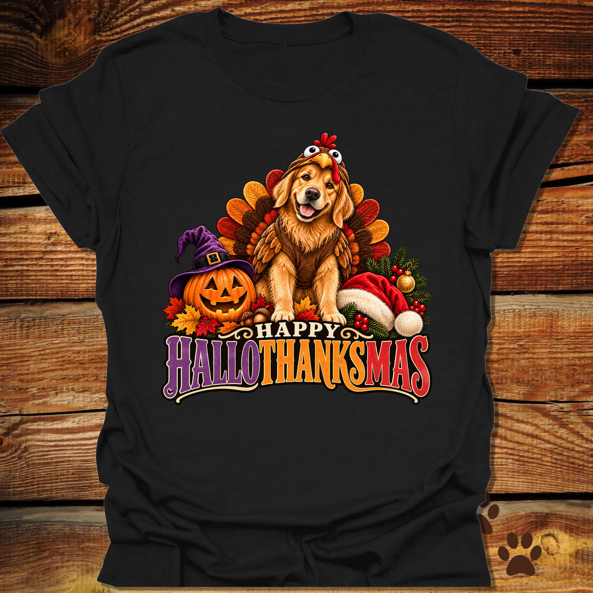 Happy Hallothanksmas Golden Retriever Turkey T-Shirt