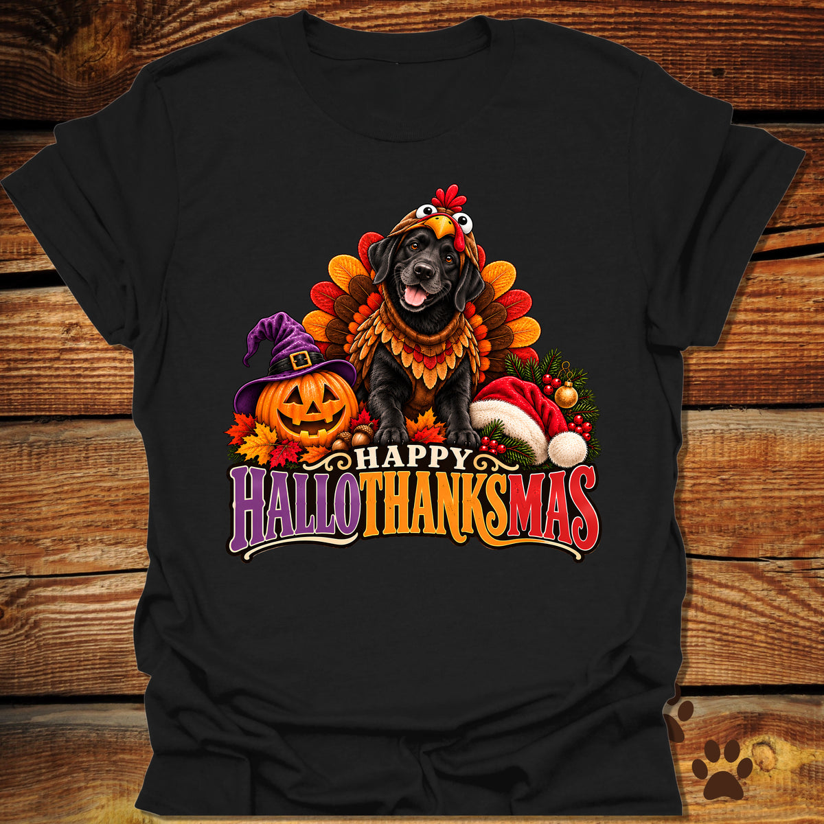 Happy Hallothanksmas Black Labrador Turkey T-Shirt