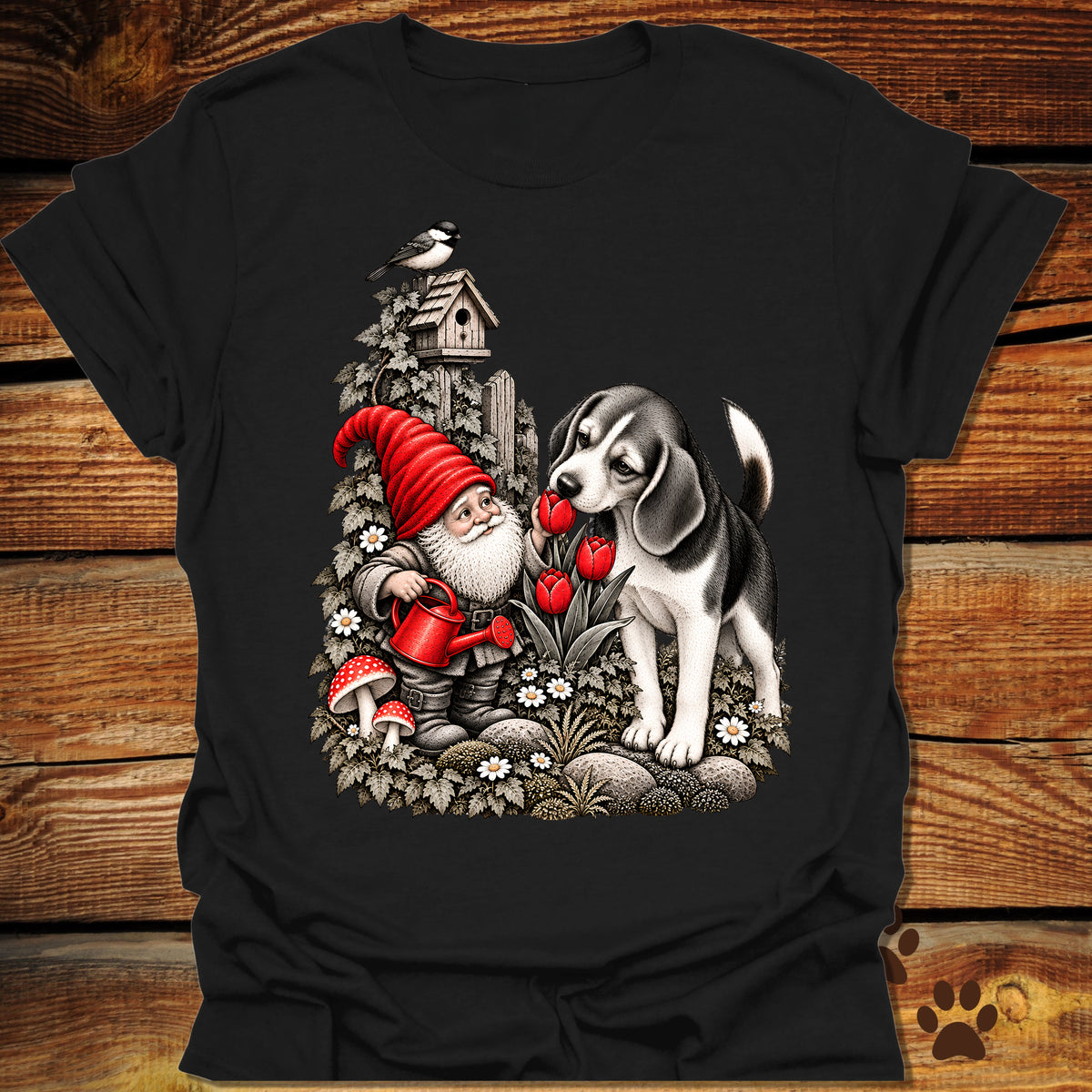 Garden Gnome Beagle Smelling Flowers T-Shirt