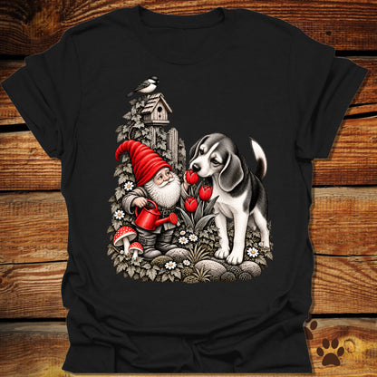 Garden Gnome Beagle Smelling Flowers T-Shirt