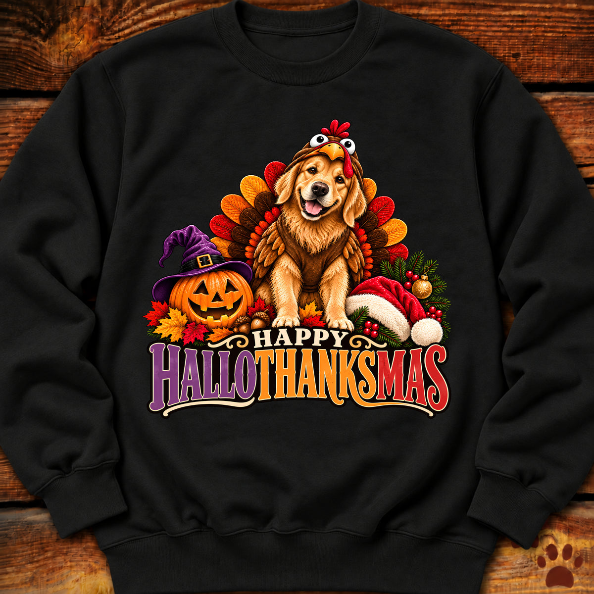 Happy Hallothanksmas Golden Retriever Turkey Sweatshirt