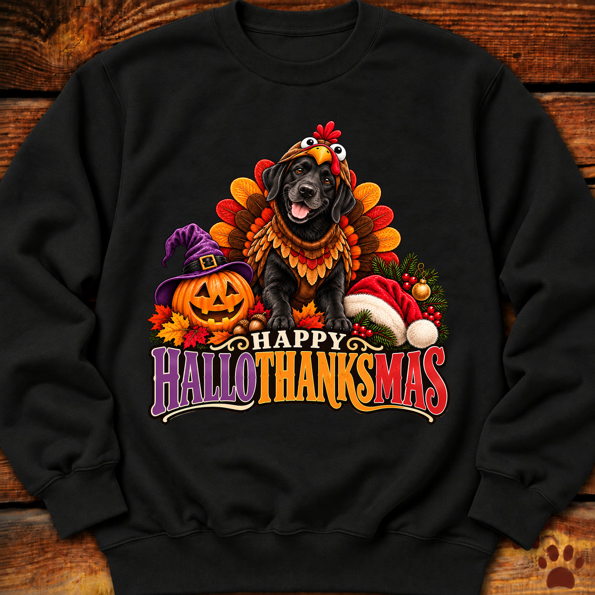 Happy Hallothanksmas Black Labrador Turkey Sweatshirt