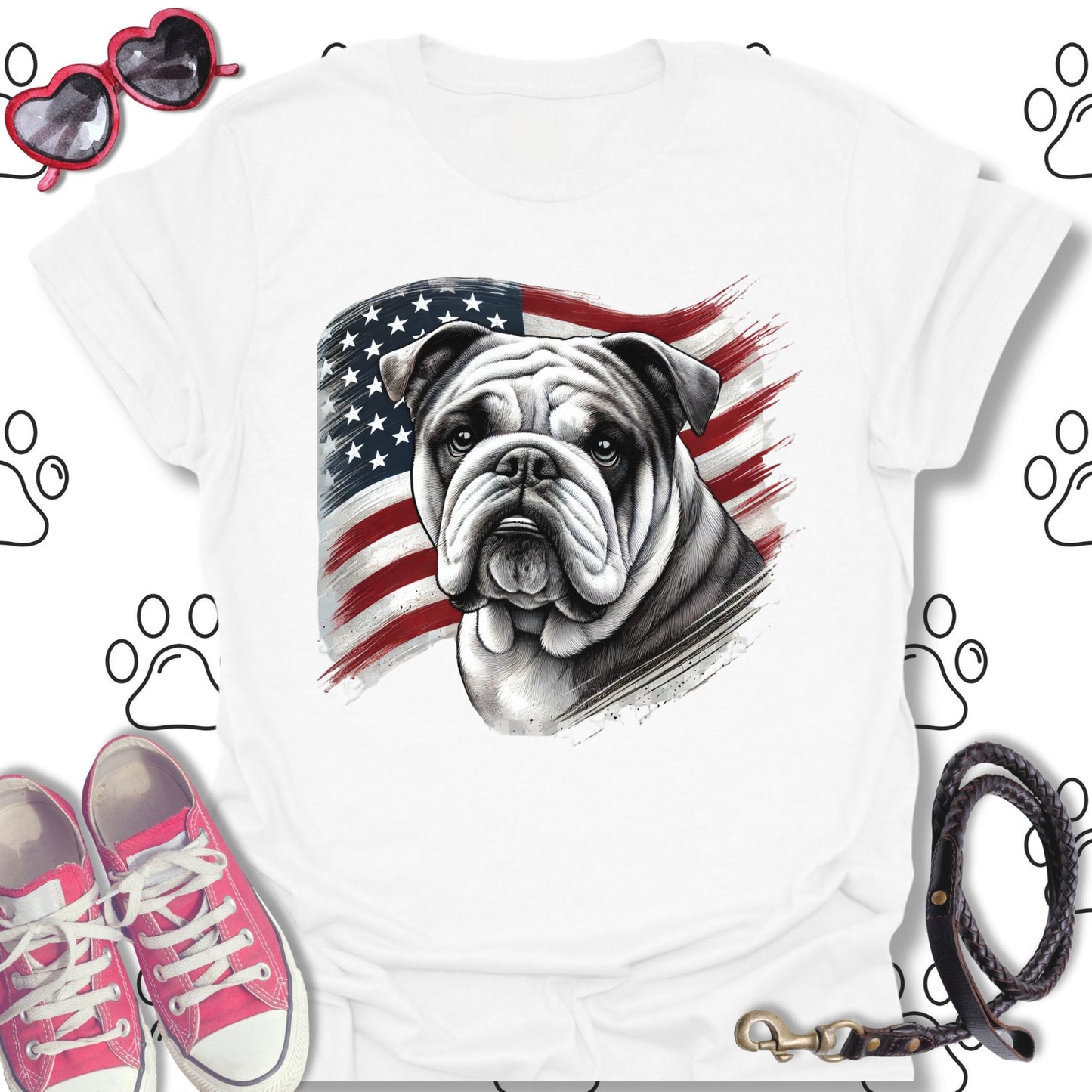 Bulldog Patriotic American Flag T-Shirt