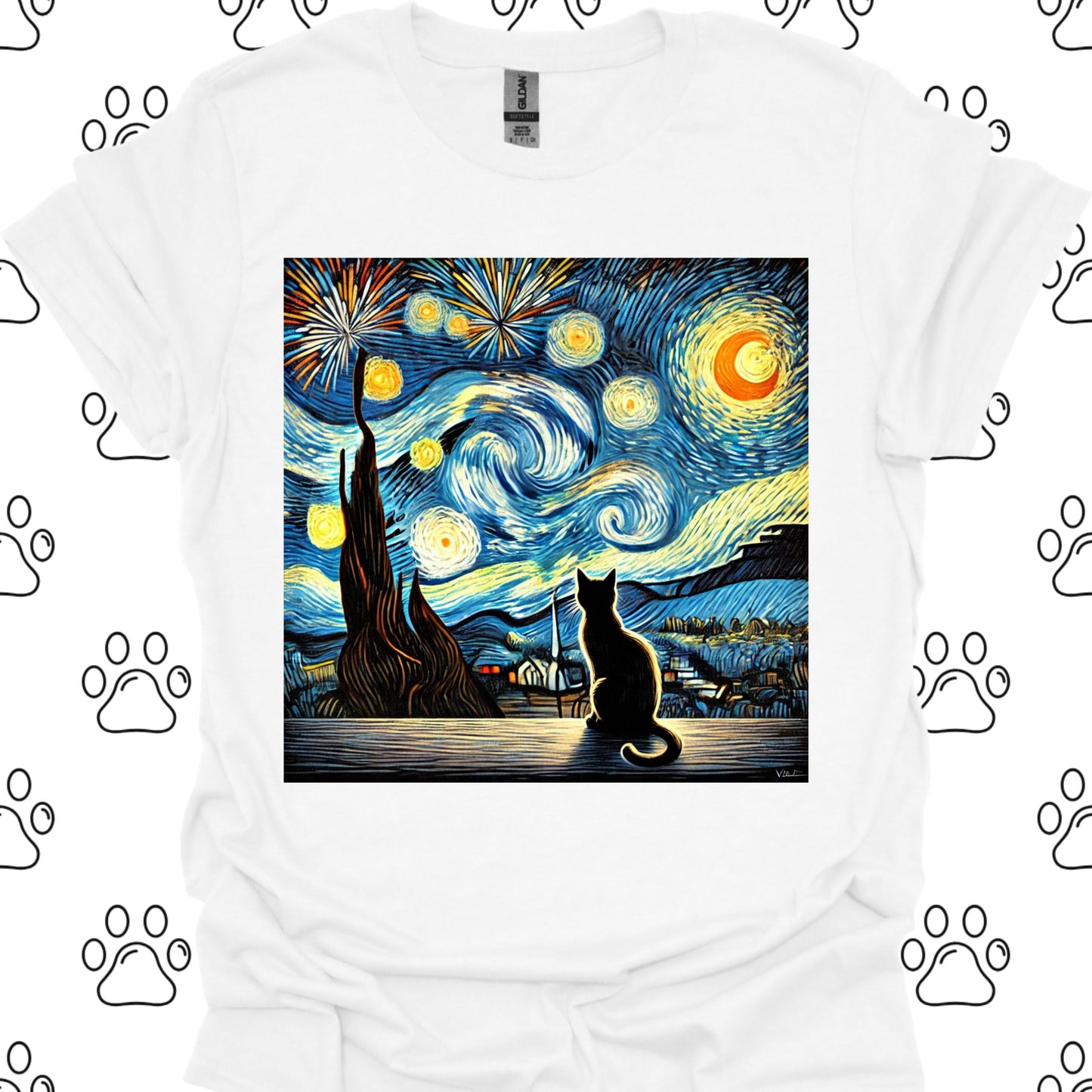 Starry Night Fireworks Cat Silhouette T-Shirt