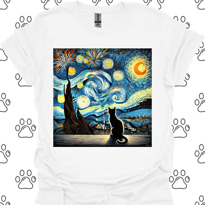 Starry Night Fireworks Cat Silhouette T-Shirt