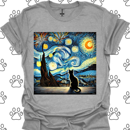 Starry Night Fireworks Cat Silhouette T-Shirt