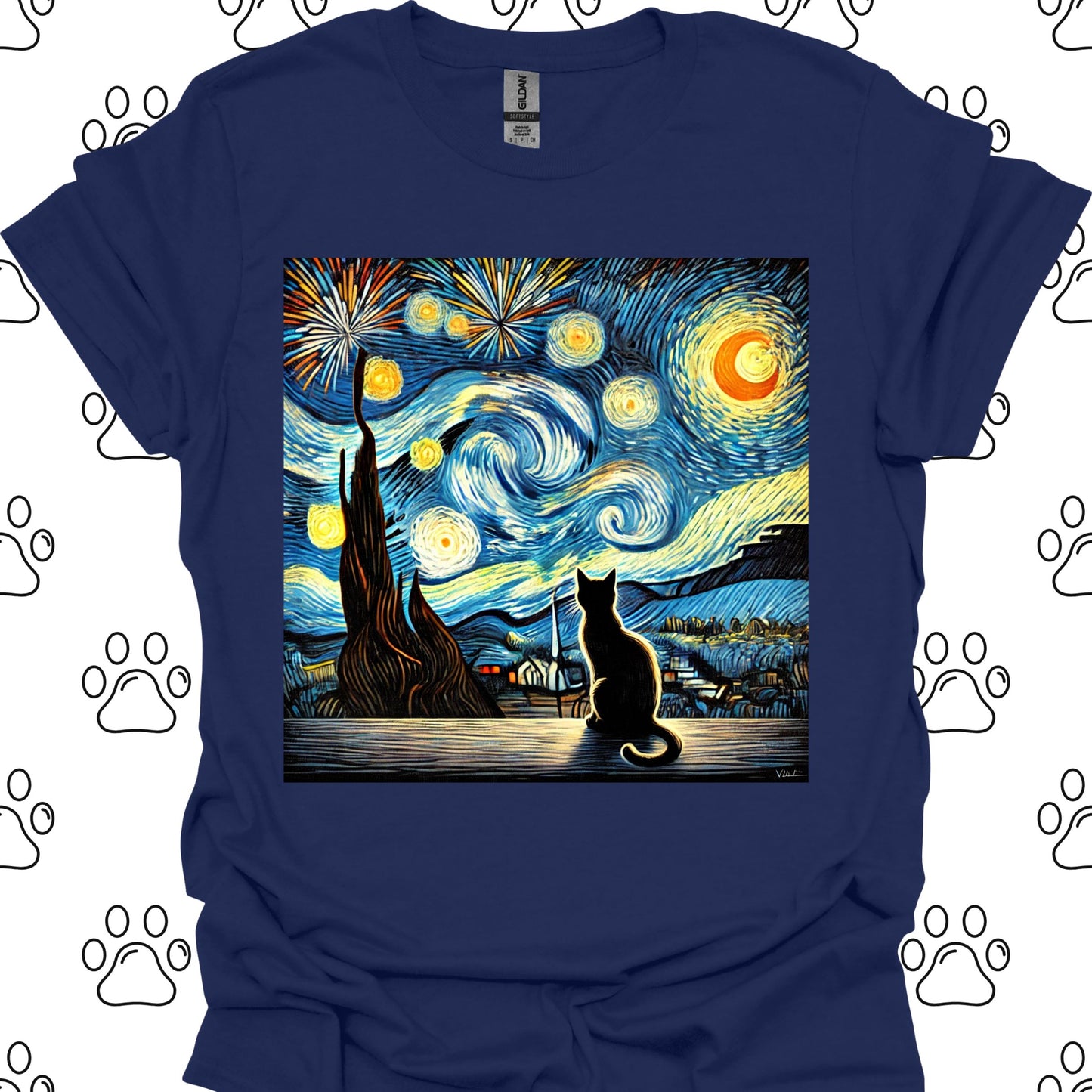 Starry Night Fireworks Cat Silhouette T-Shirt