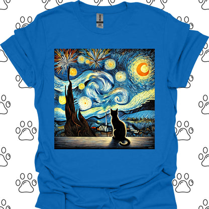 Starry Night Fireworks Cat Silhouette T-Shirt