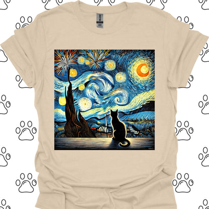 Starry Night Fireworks Cat Silhouette T-Shirt