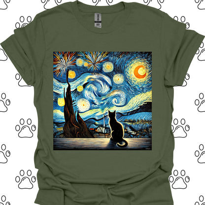 Starry Night Fireworks Cat Silhouette T-Shirt