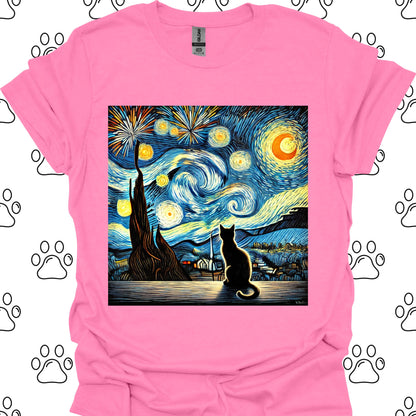 Starry Night Fireworks Cat Silhouette T-Shirt