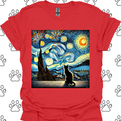 Starry Night Fireworks Cat Silhouette T-Shirt